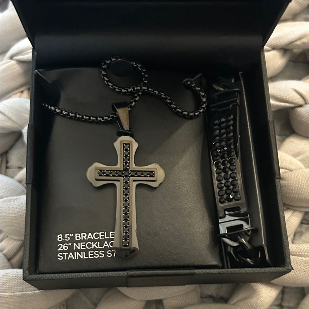Black Stainless Steel Cross Necklace and Bracelet Set